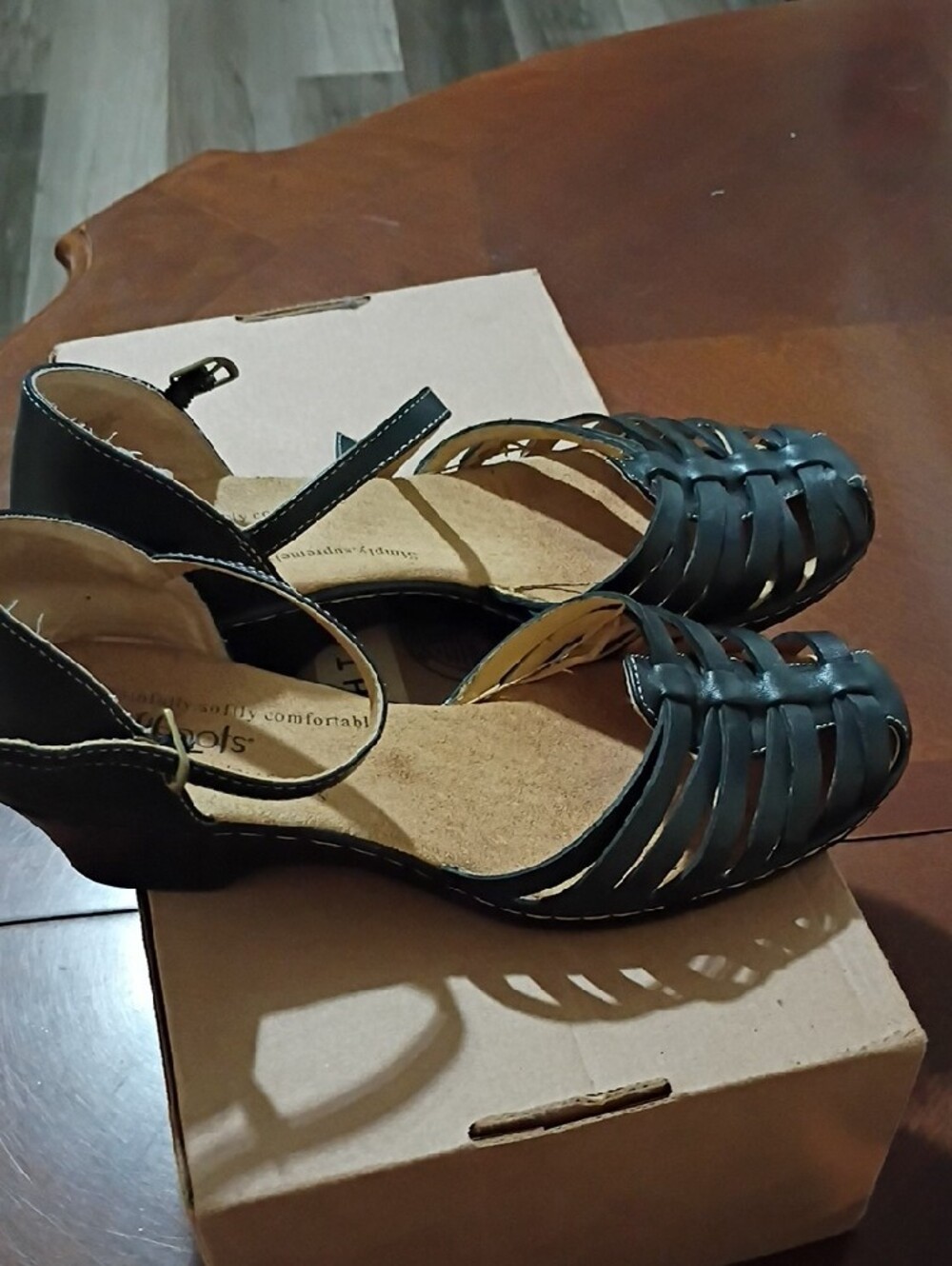 Softspots Black Strappy Peep-Toe Heels with Ankle Strap - Picture 2 of 7